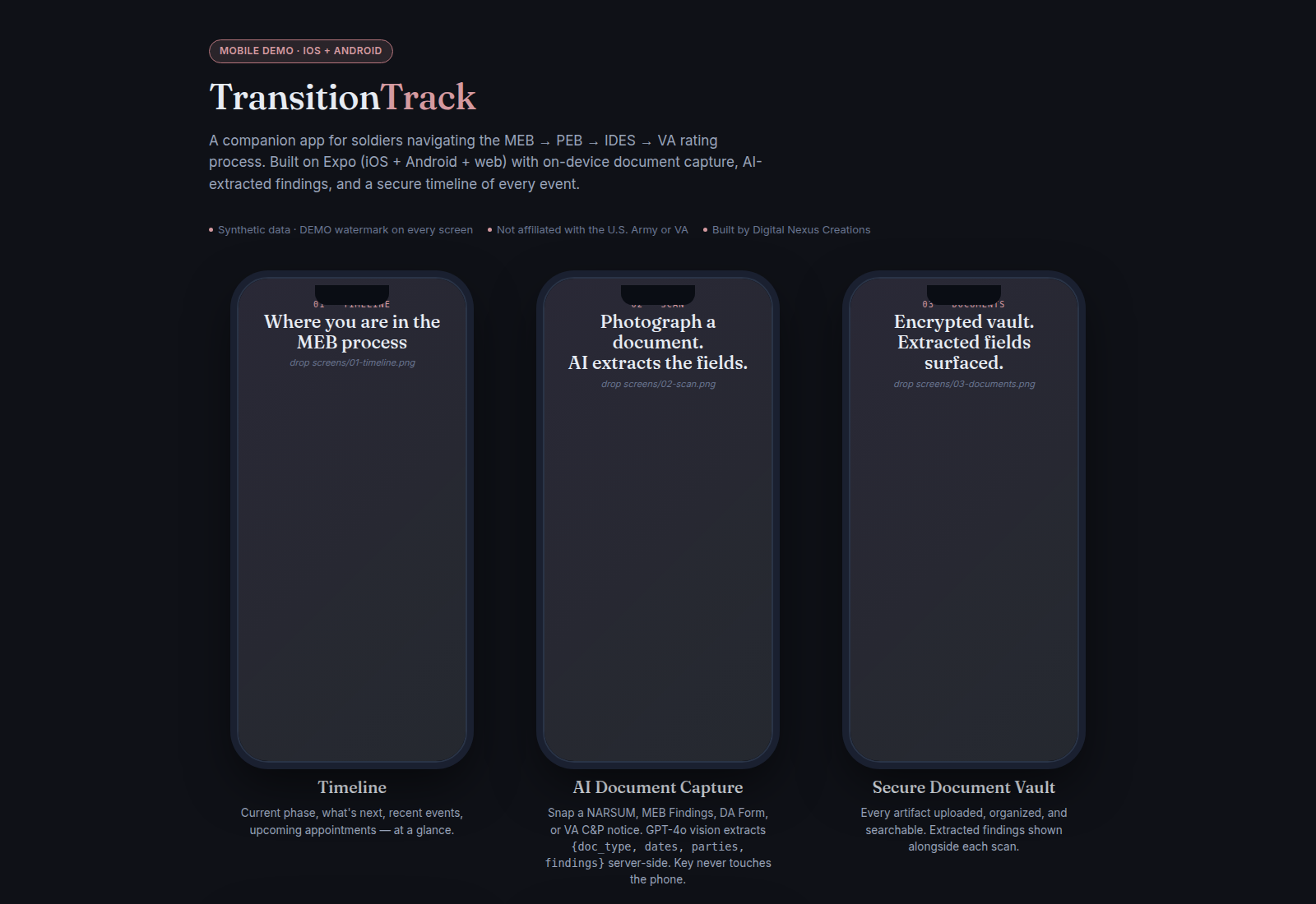 TransitionTrack — companion app for soldiers navigating the MEB / IDES / VA-rating process. iOS + Android. Screenshot gallery: Timeline, AI document capture, secure vault